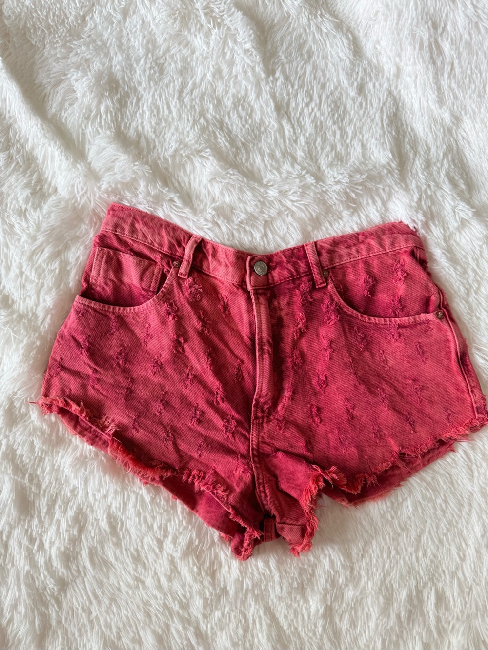 Free People Women’s High-Rise Distressed Red Denim Shorts